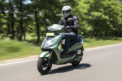 Okaya Faast F2B Riding: Front Left Quarter View Okaya Faast F2B Riding: Front Left Quarter View