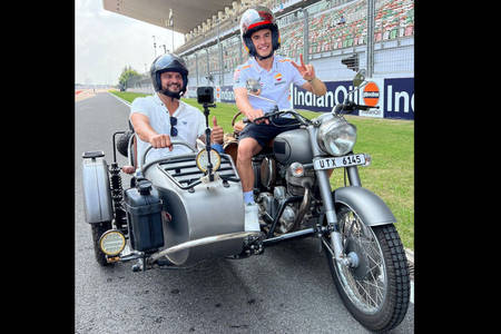 Indian Cricket Star Suresh Raina, MotoGP Racer Marc Marquez Ride Royal Enfield Bullet 350 at MotoGP Bharat 2023