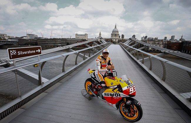 Marquez crosses the Thames on his Repsol Honda