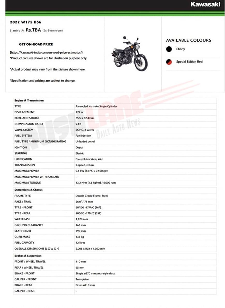 Kawasaki W175 Specifications Kawasaki W175 Specifications