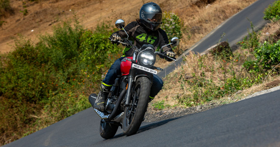 Honda CB350RS Rebel Red Metallic Cornering Shot