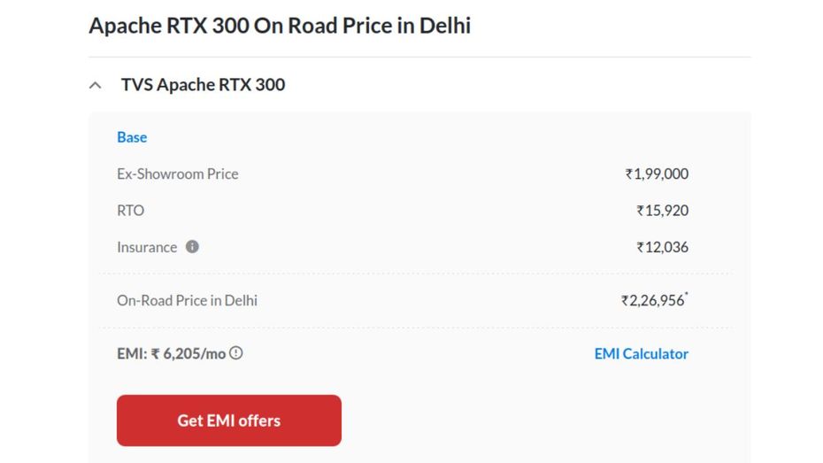 TVS Apache RTX 300 On-road price in Delhi