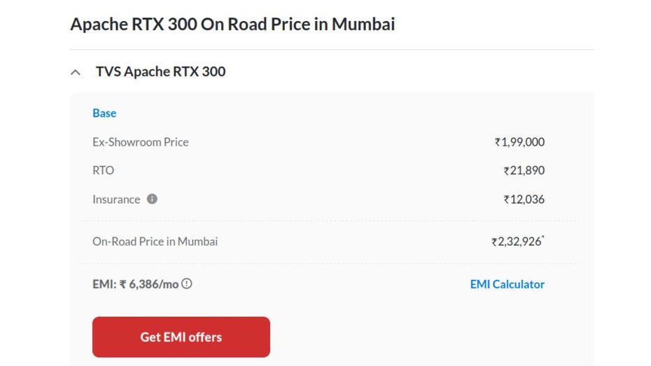 TVS Apache RTX 300 On-road price in Mumbai