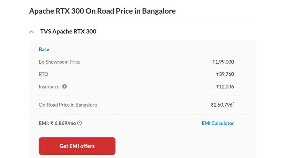 TVS Apache RTX 300 On-road price in Bengaluru