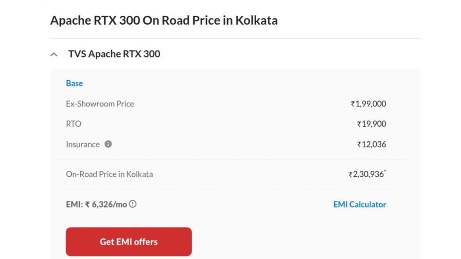 TVS Apache RTX 300 On-road price in Kolkata