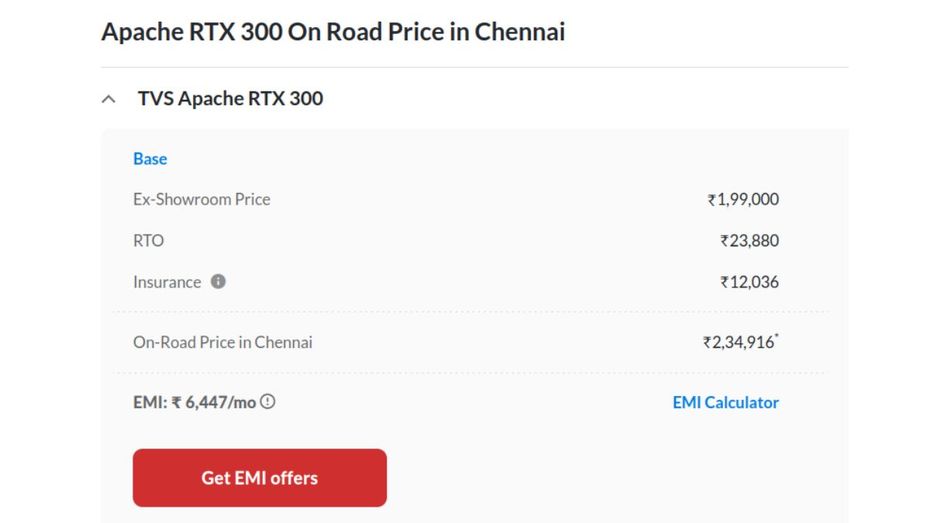 TVS Apache RTX 300 On-road price in Chennai