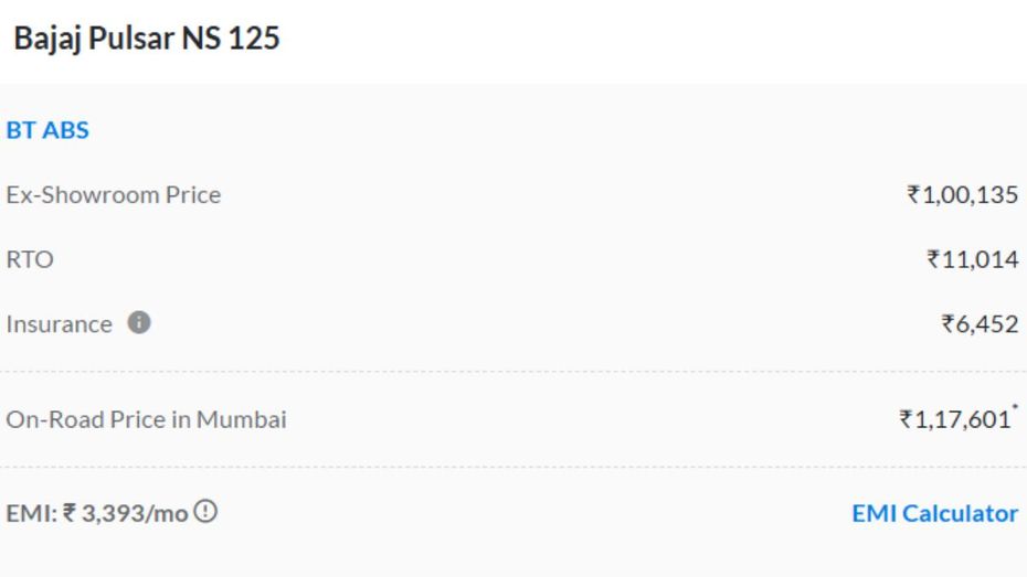 Bajaj Pulsar NS125 On Road Mumbai Price