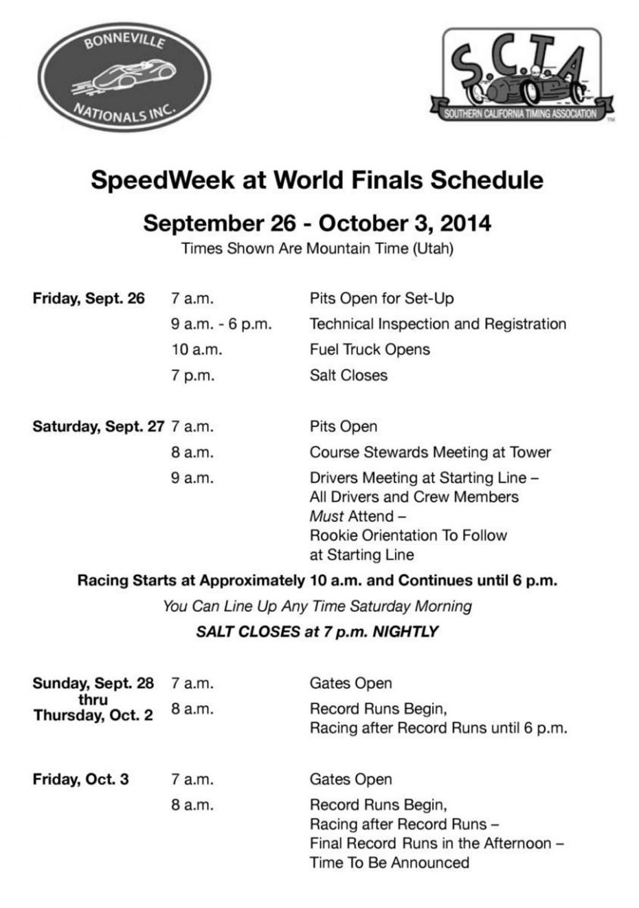 SpeedWeek at World Finals Schedule SpeedWeek at World Finals Schedule