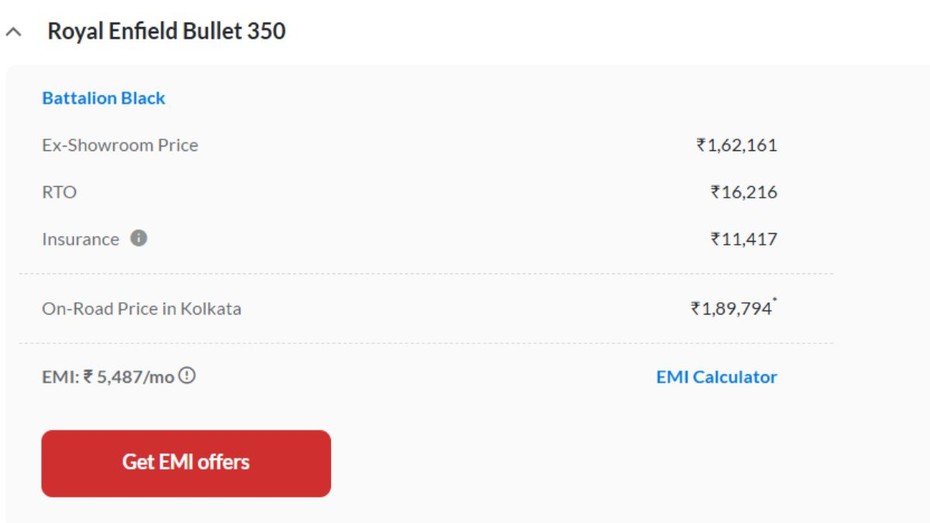 Royal Enfield Bullet 350 Kolkata On-road Price