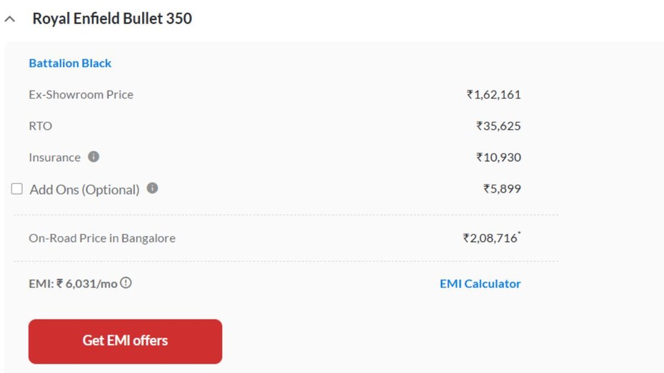 Royal Enfield Bullet 350 Bengaluru On-road Price