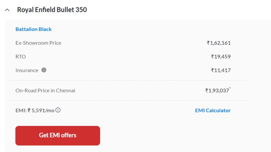 Royal Enfield Bullet 350 Chennai On-road Price