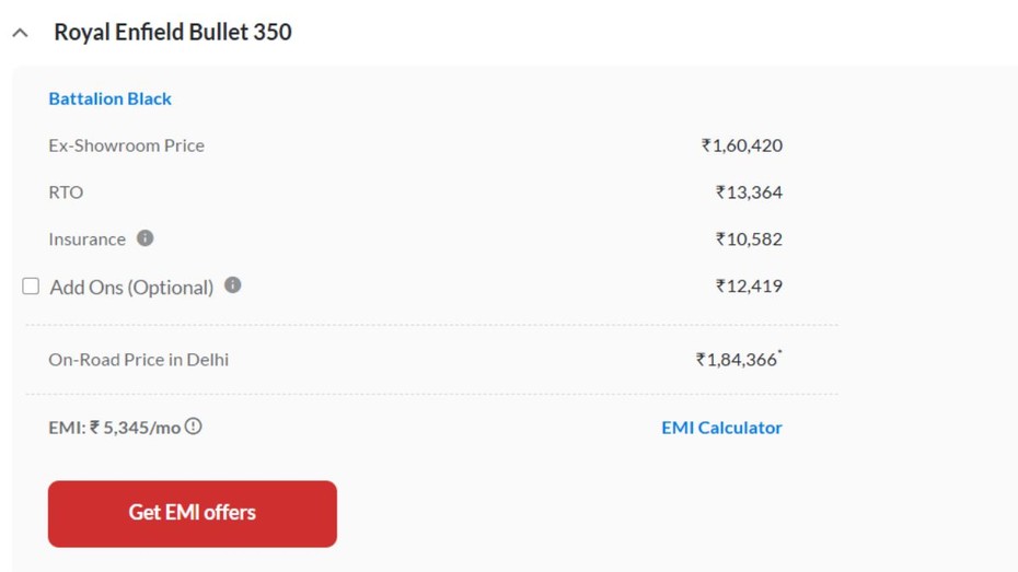 Royal Enfield Bullet 350 Delhi On-road Price