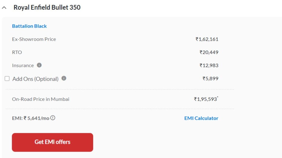 Royal Enfield Bullet 350 Mumbai On-road Price