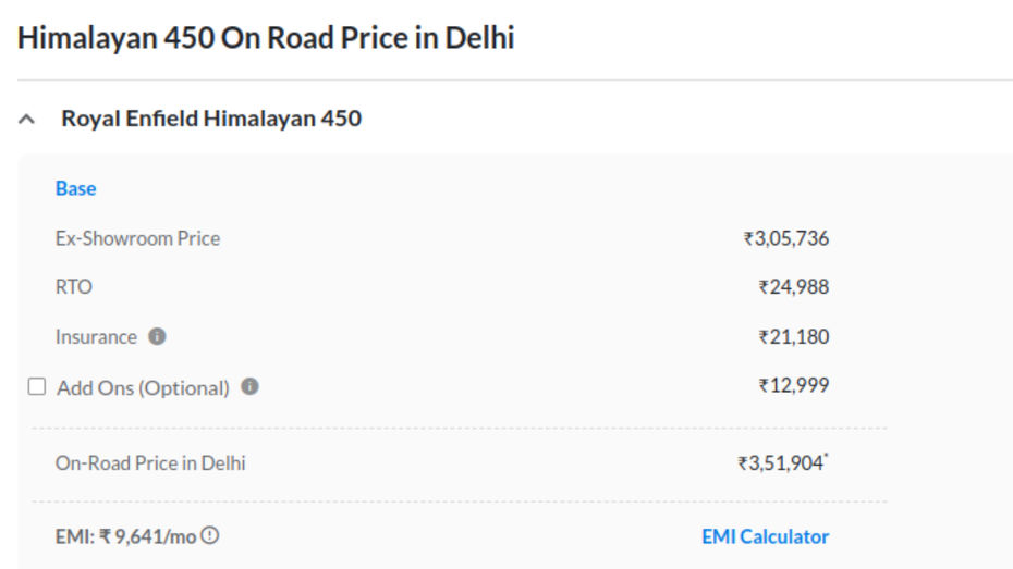 Here is the on-road price of the Royal Enfield Himalayan 450 In Delhi
