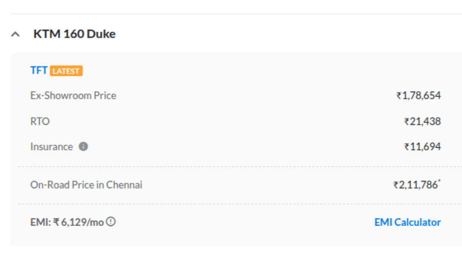 KTM 160 Duke onroad price KTM 160 Duke onroad price