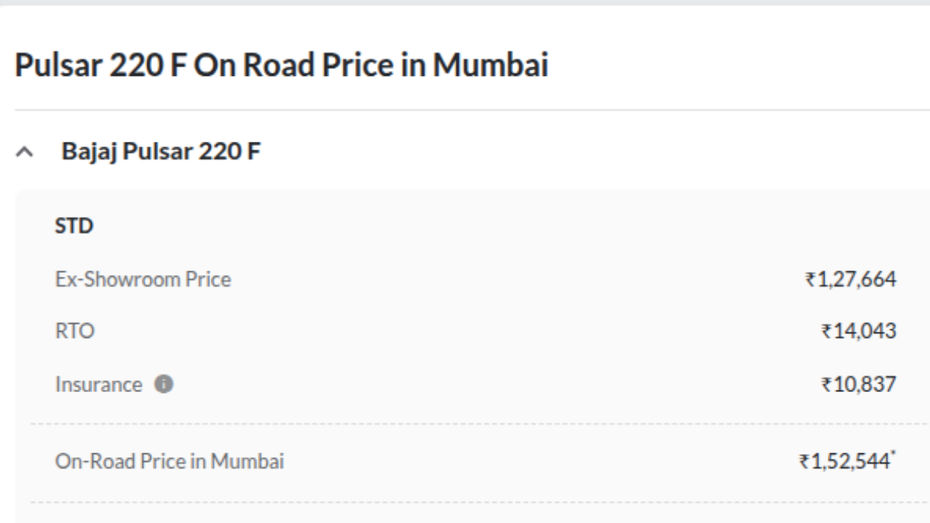 Bajaj Pulsar 220F On-road Price Bajaj Pulsar 220F On-road Price