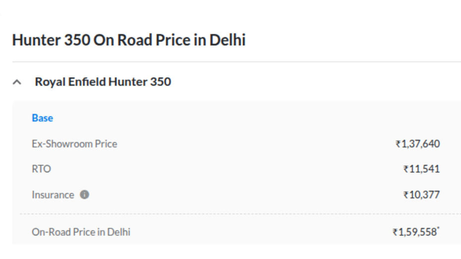 RE Hunter 350 On-road price RE Hunter 350 On-road price