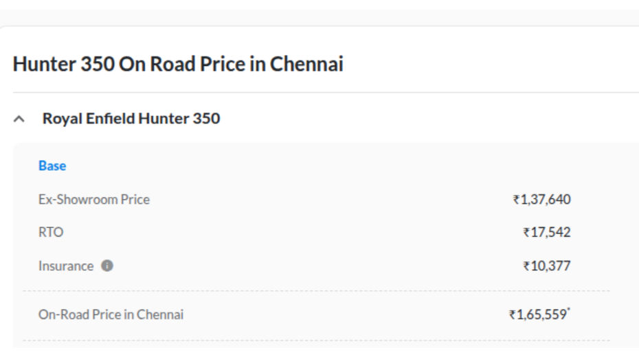 RE Hunter 350 On-road price RE Hunter 350 On-road price