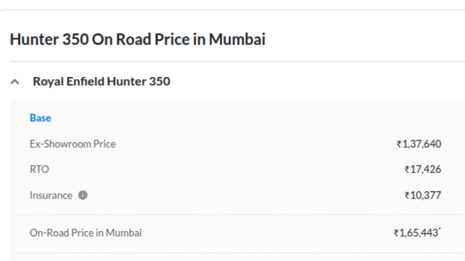RE Hunter 350 On-road price RE Hunter 350 On-road price