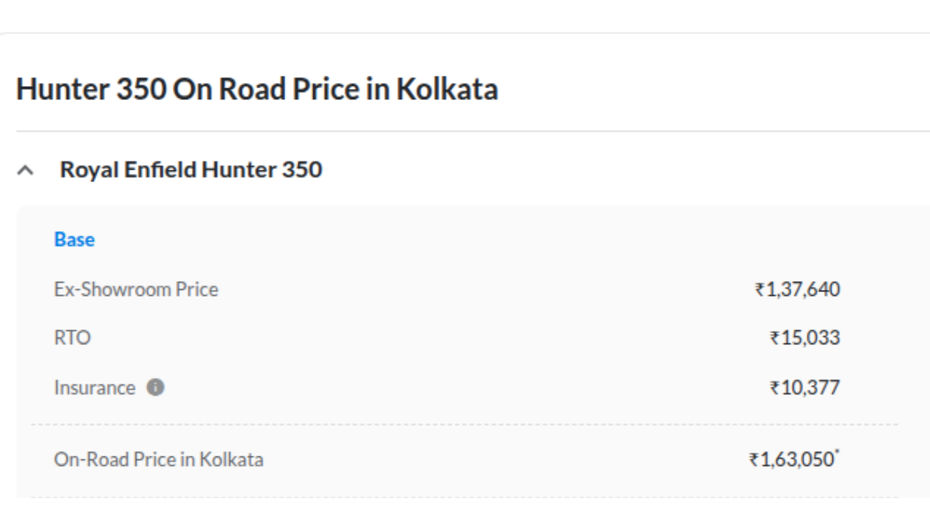 RE Hunter 350 On-road price RE Hunter 350 On-road price
