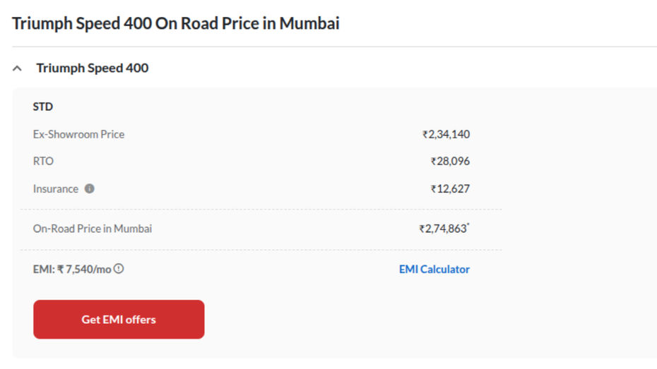 Triumph Speed 400 On-road Price In Mumbai