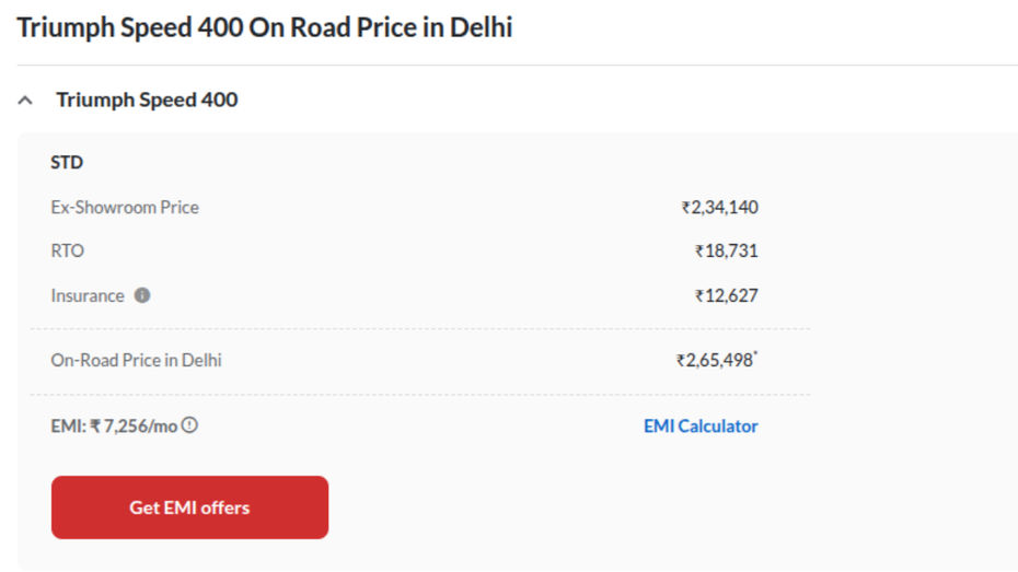 Triumph Speed 400 On-road Price In Delhi 