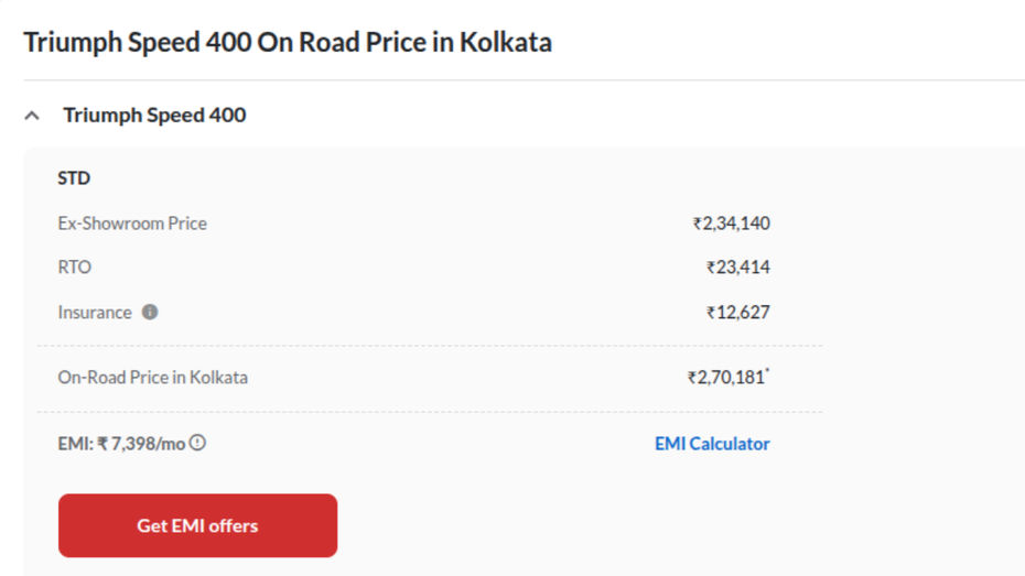 Triumph Speed 400 On-road Price In Kolkata 