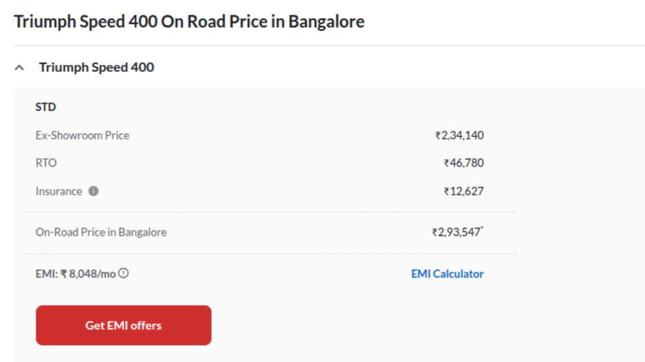 Triumph Speed 400 On-road Price In Bengaluru