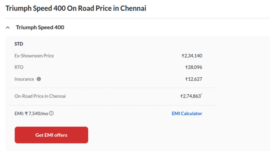 Triumph Speed 400 On-road Price In Chennai