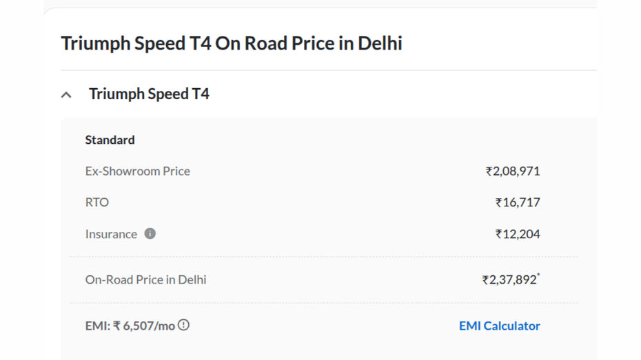 Triumph Speed T4 On road Price Delhi
