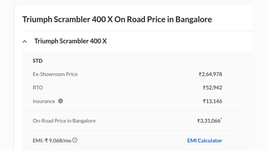 bengaluru on road price