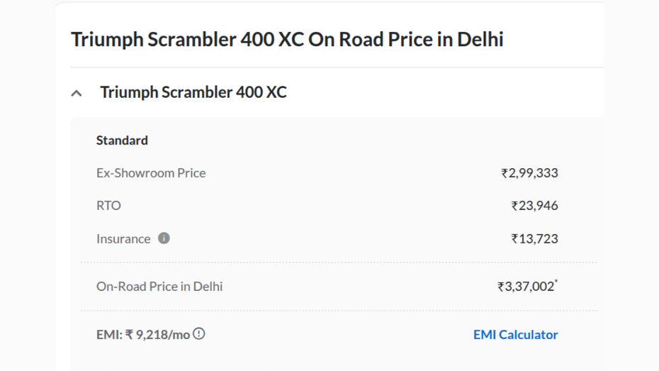 delhi on road price
