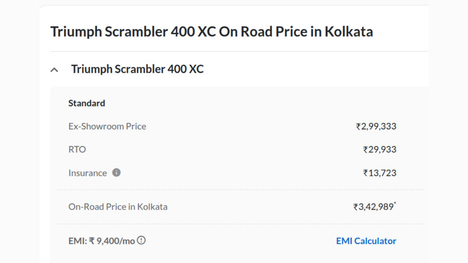 kolkata on road price
