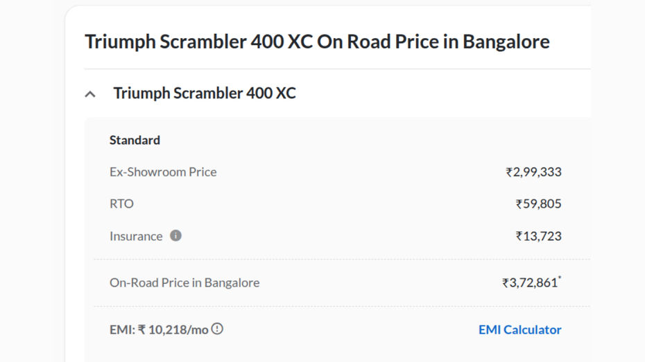 bangalore on road price