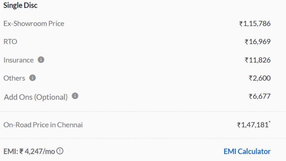 On Road Price In Chennai For Single Disc