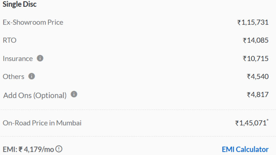 On Road Price In Mumbai For Single Disc