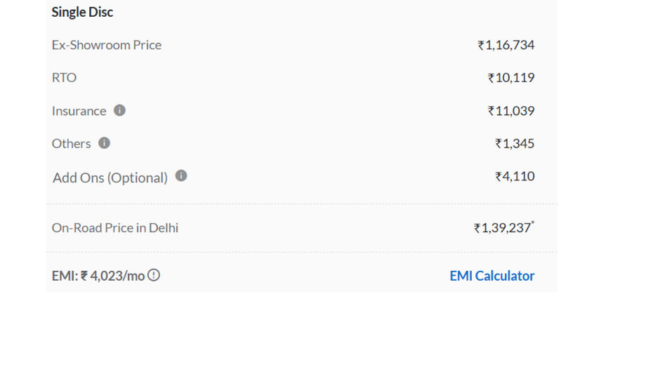 On Road Price In Delhi For Single Disc