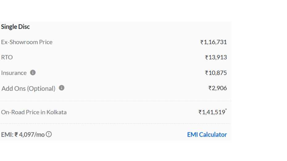 On Road Price In Kolkata For Single Disc
